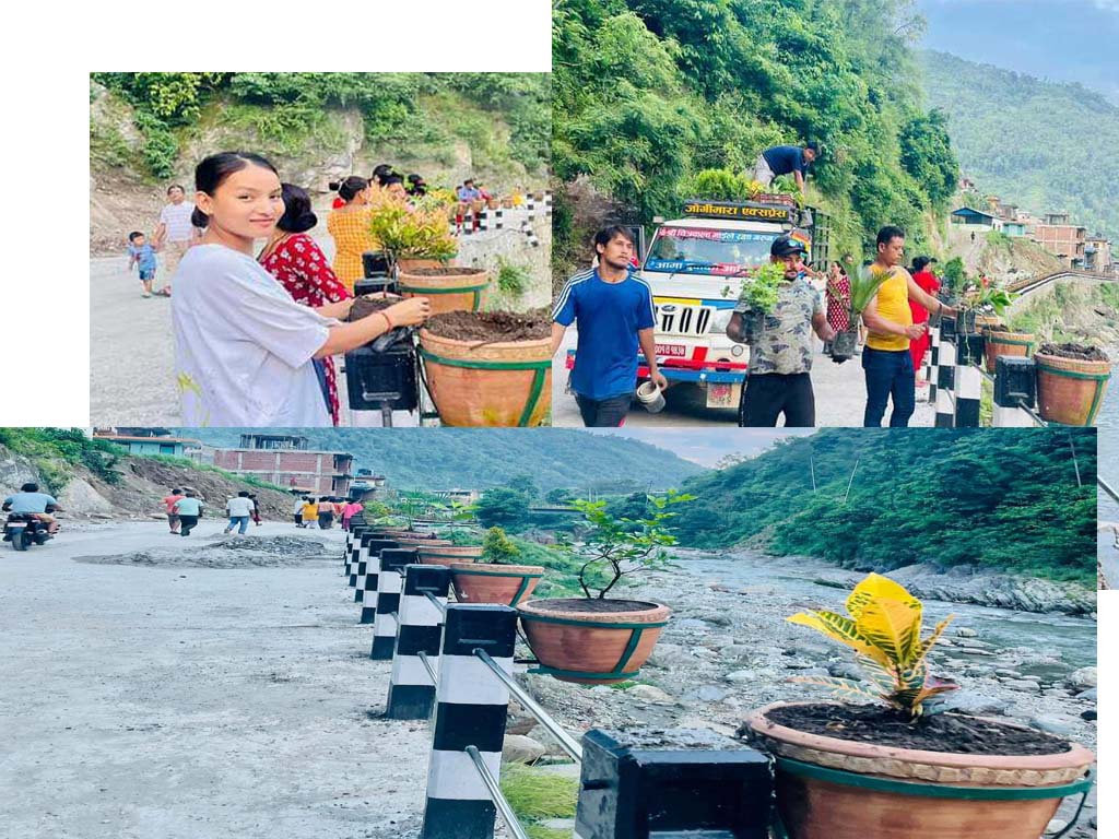 हुग्दिखोला सडकमा दुई सय बढी गमलामा फुलको विरुवा रोपियो